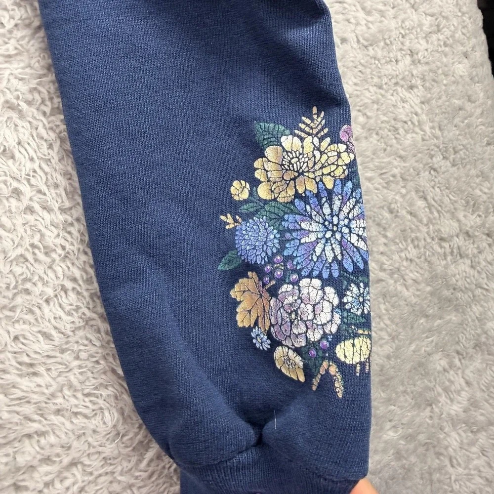 VINTAGE Grannycore Collared Crewneck Sweater XL Blue Embroidered Floral USA